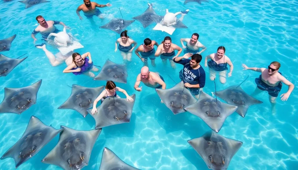 Image of a group of people swimming with stingrays at Stingray City, Grand Cayman