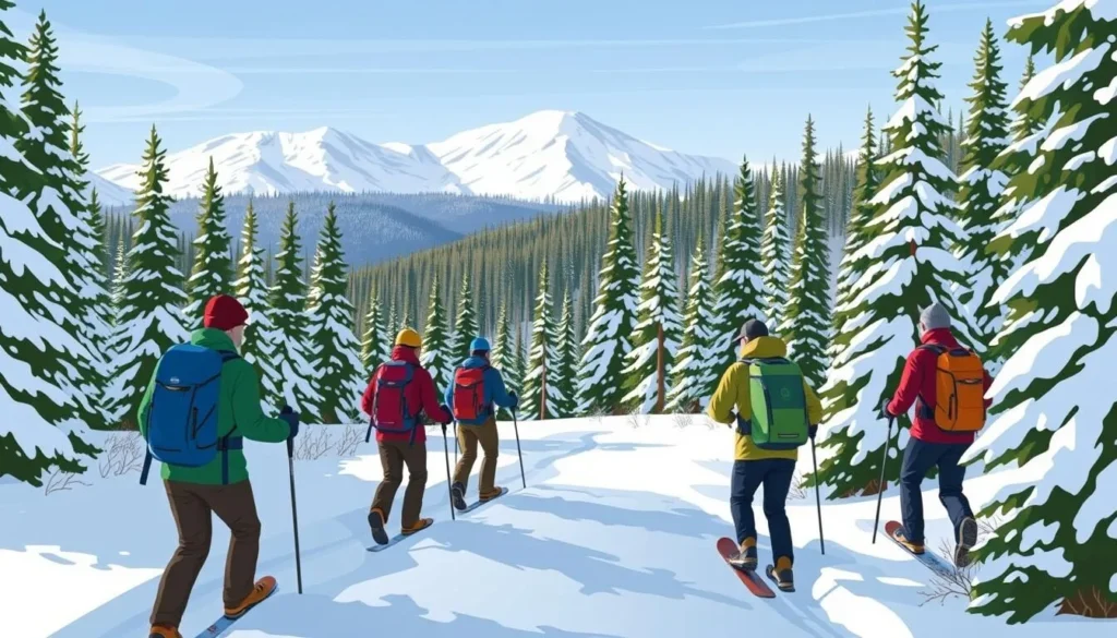 Image of a guided backcountry tour group navigating through a snowy forest at Powder Mountain.