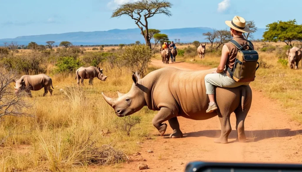 Image of a guided rhino tracking safari in Botswana's wilderness