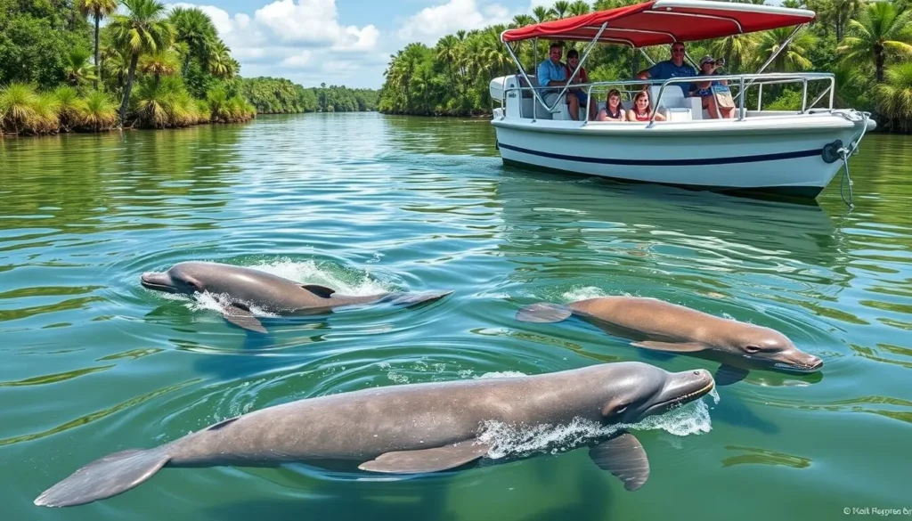 Image of a guided wildlife tour in Daytona Beach, featuring a boat tour on the Halifax River with dolphins or manatees.