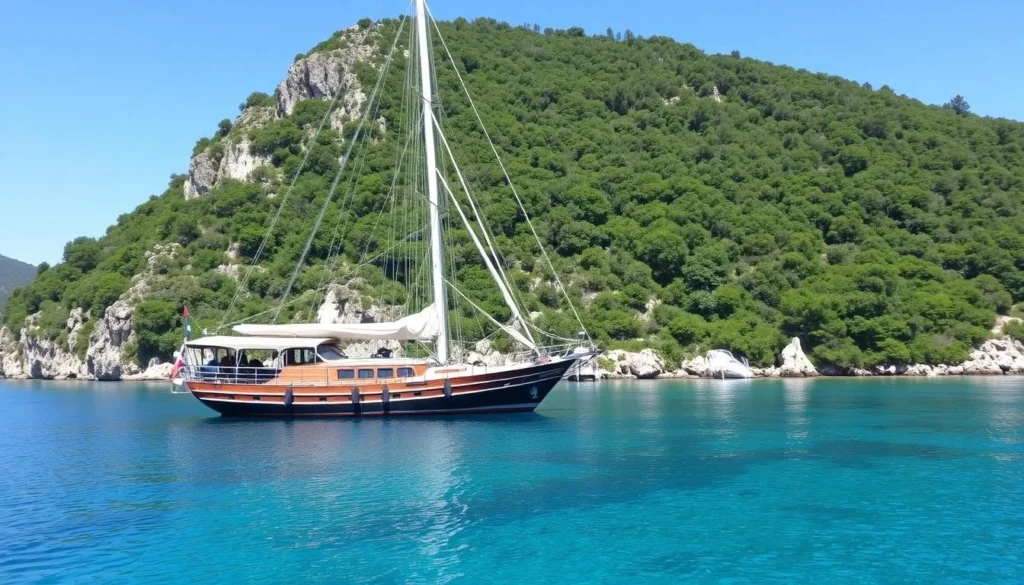 Image of a gület anchored in a secluded cove