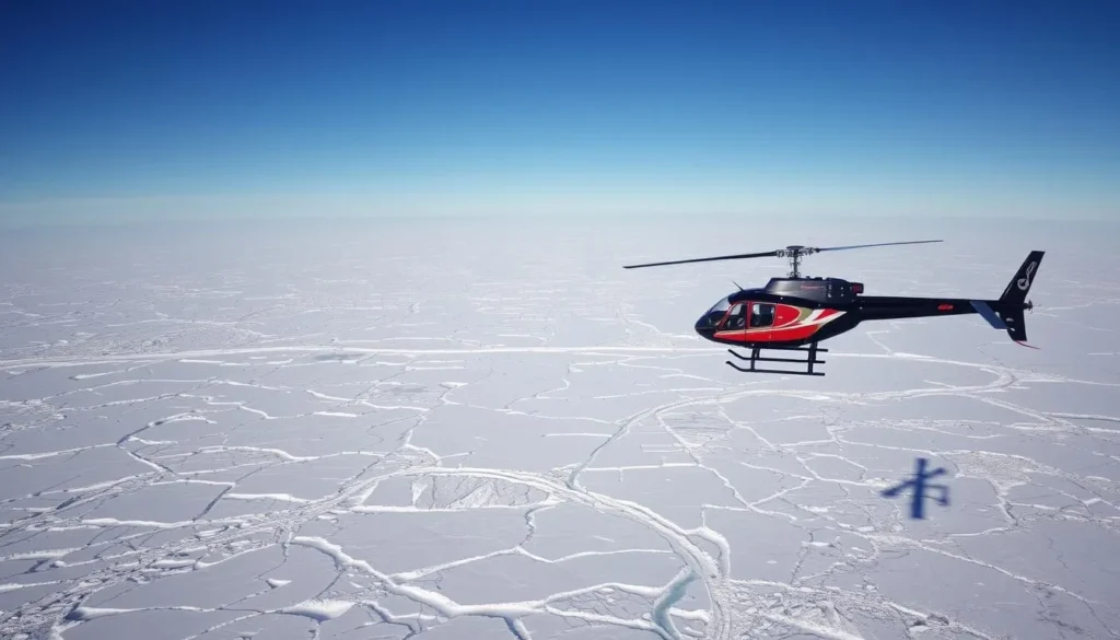 Image of a helicopter flying over Greenland's ice cap Image of a helicopter flying over Greenland's ice cap