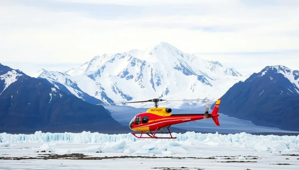 Image of a helicopter flying over Mt Denali with a glacier landing