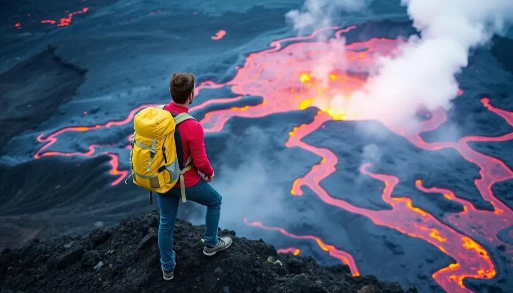 Image of a hiker near the summit of Pacaya Volcano with lava flows in the background