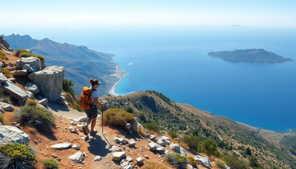 Image of a hiker on Mount Ainos trails with a backdrop of the Ionian Sea Image of a hiker on Mount Ainos trails with a backdrop of the Ionian Sea