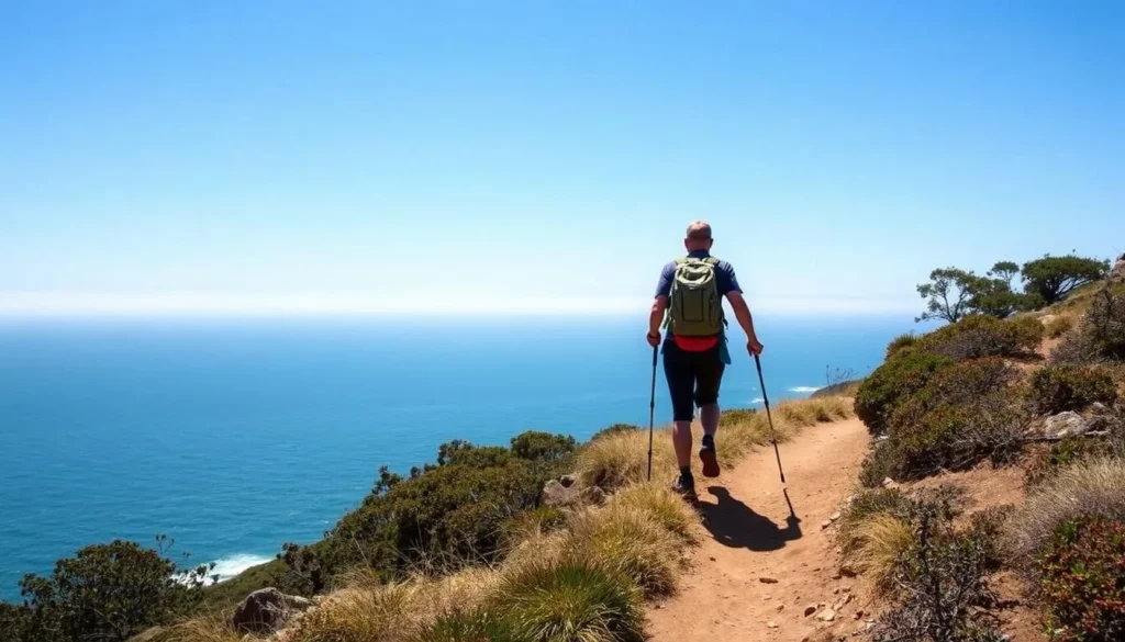 Image of a hiker on a trail at Pismo Preserve with the Pacific Ocean in the background