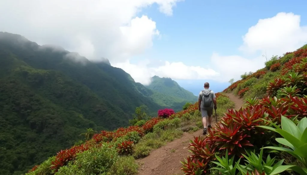 Image of a hiker on a trail in Soufriere, Dominica, surrounded by lush vegetation
