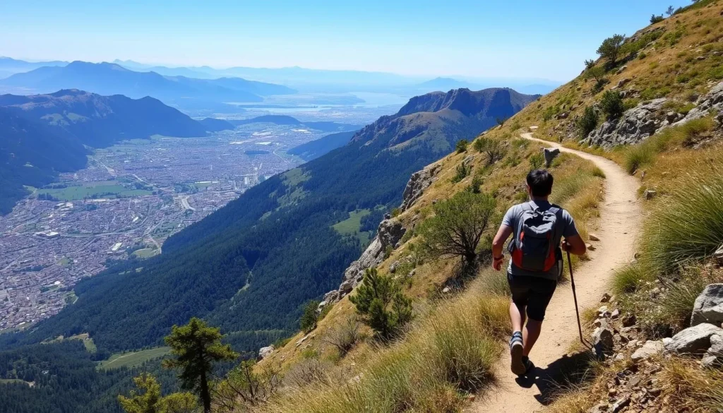 Image of a hiker on the Mont Jalla-Mont Rachais Loop trail with Grenoble in the background