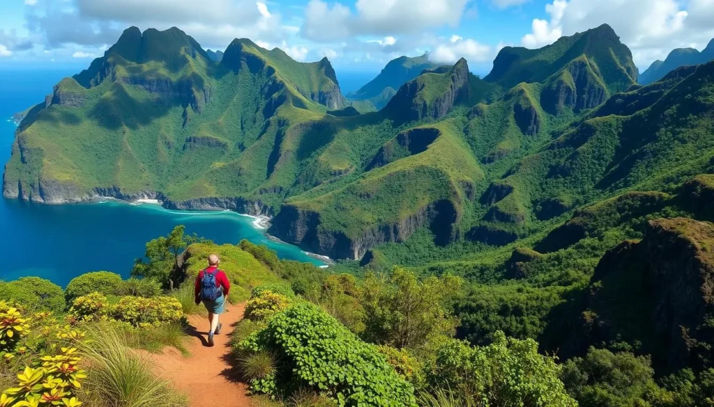 Image of a hiker on the roadless peninsula of Tahiti, surrounded by lush greenery and rugged landscapes.