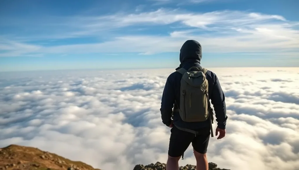 Image of a hiker standing on the peak of Lotus Peak, with a sea of clouds below.