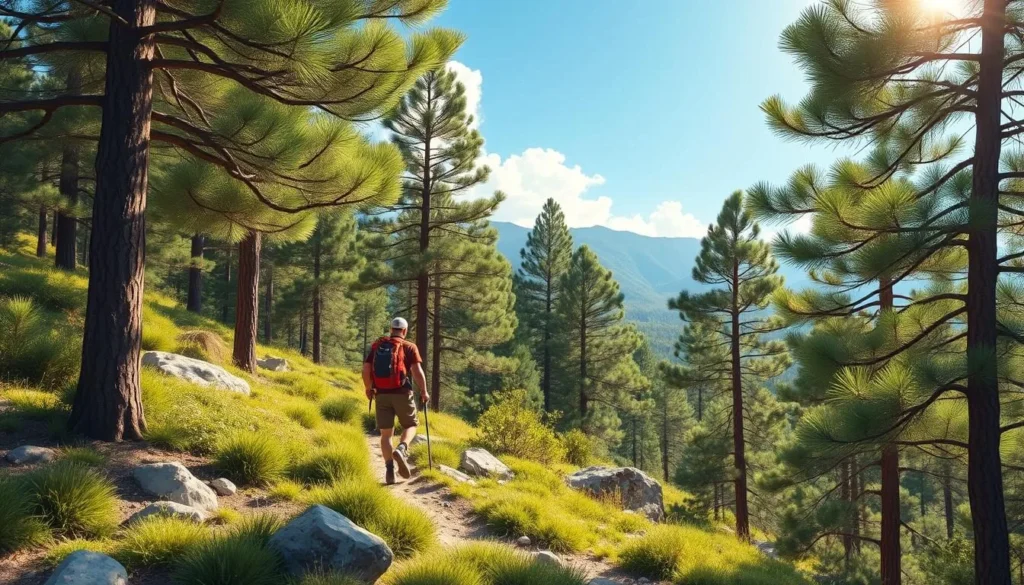 Image of a hiker walking through a pine forest in Halkidiki Image of a hiker walking through a pine forest in Halkidiki