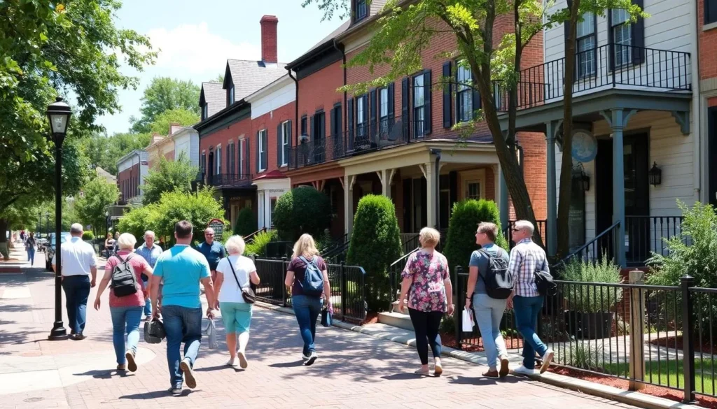Image of a historic neighborhood in Marietta, Georgia, with a guided walking tour group