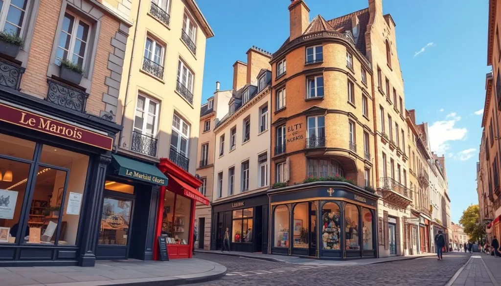 Image of a historic street in Le Marais with trendy boutiques and medieval architecture