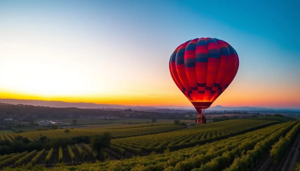 Image of a hot air balloon flying over Napa Valley's vineyards at sunrise