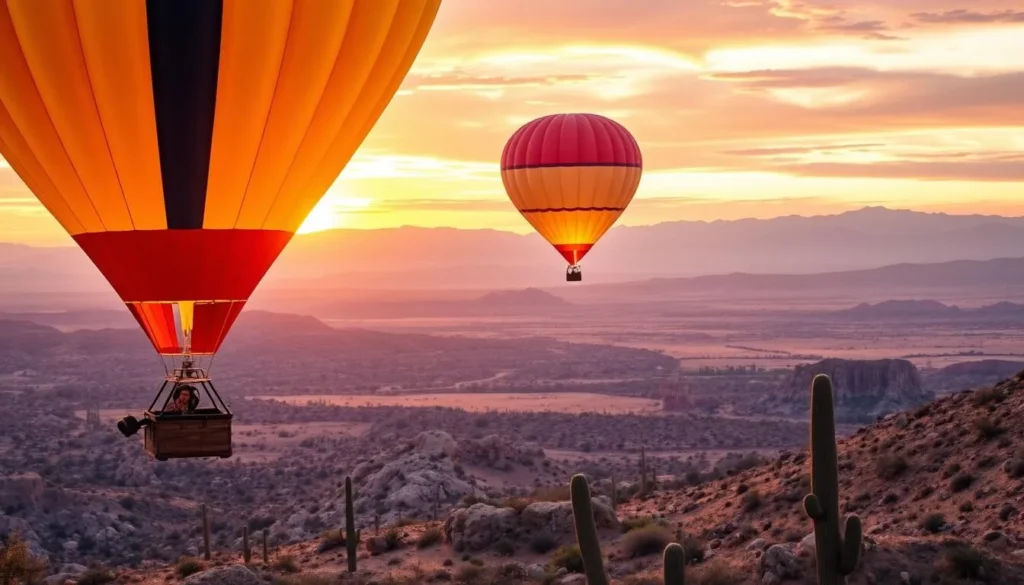 Image of a hot air balloon flying over the Sonoran Desert at sunrise