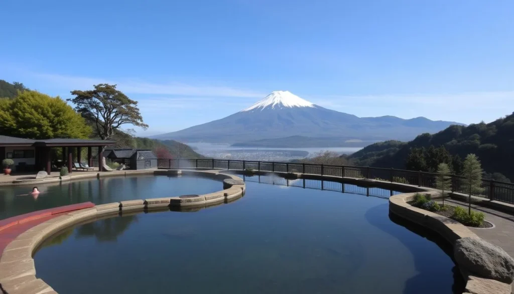 Image of a hot spring resort in Hakone with Mount Fuji in the background
