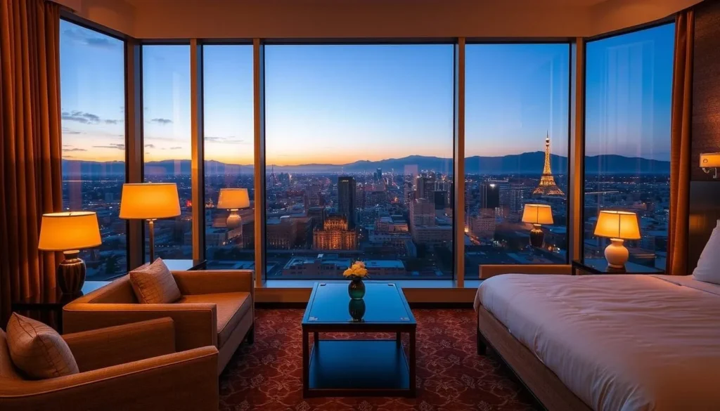 Image of a hotel room in La Paz with a view of the city