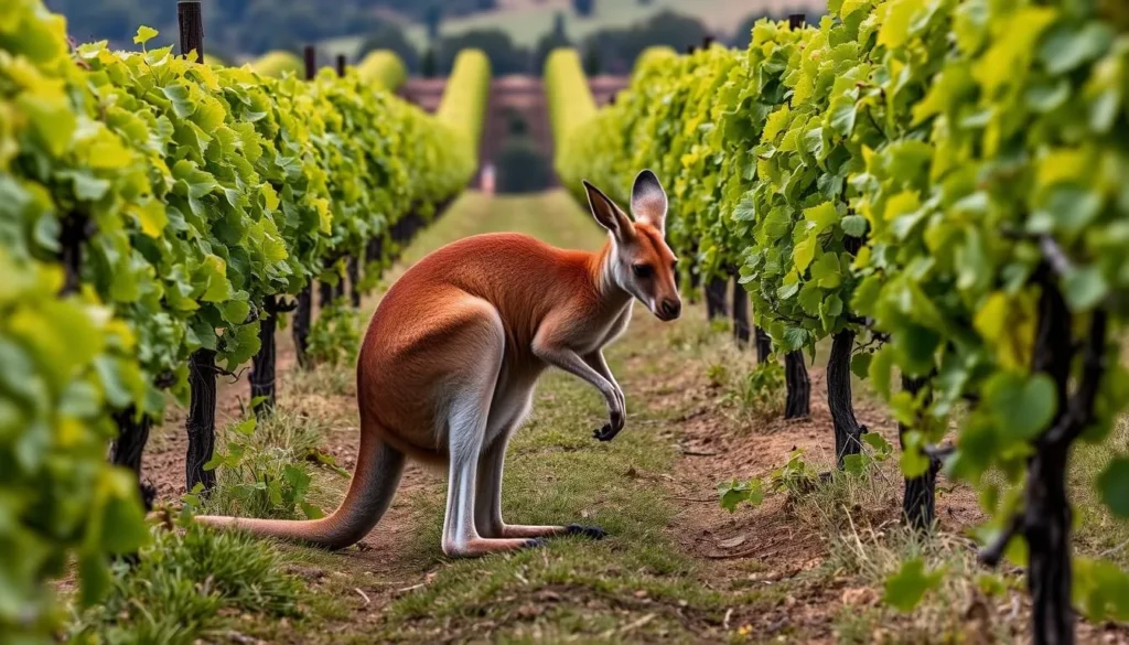 Image of a kangaroo grazing in a vineyard in Hunter Valley