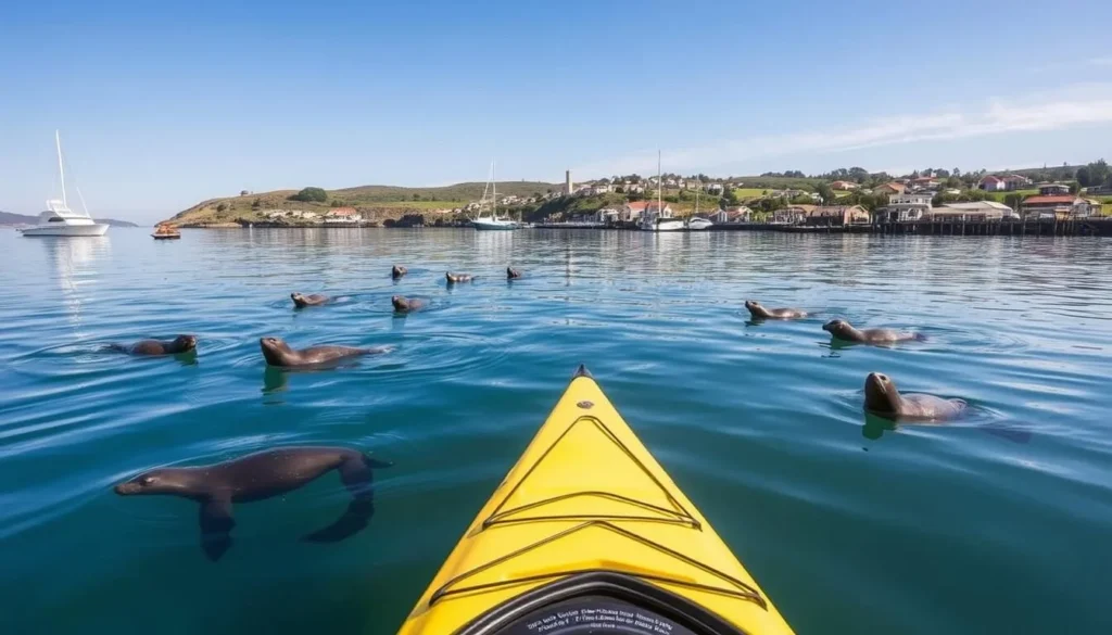 Image of a kayak in Pillar Point Harbor with seals and sea lions swimming nearby