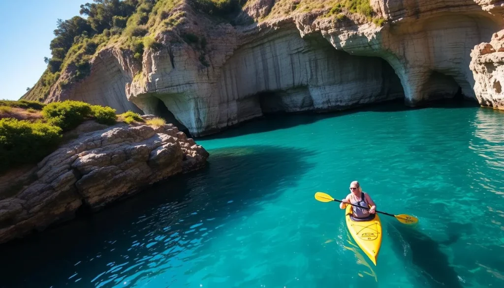 Image of a kayaker paddling near sea caves in Santa Barbara