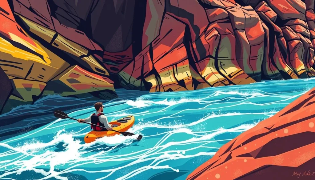 Image of a kayaker paddling near the colorful cliffs of Pictured Rocks