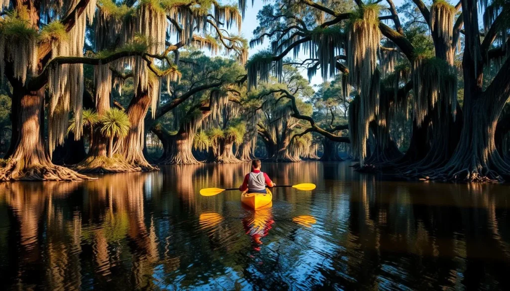 Image of a kayaker paddling through the calm waters of Lake Martin, surrounded by cypress trees and Spanish moss.
