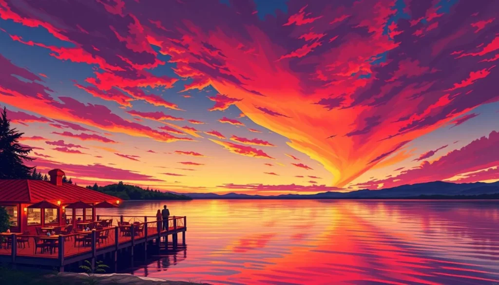 Image of a lakefront restaurant with a beautiful sunset view