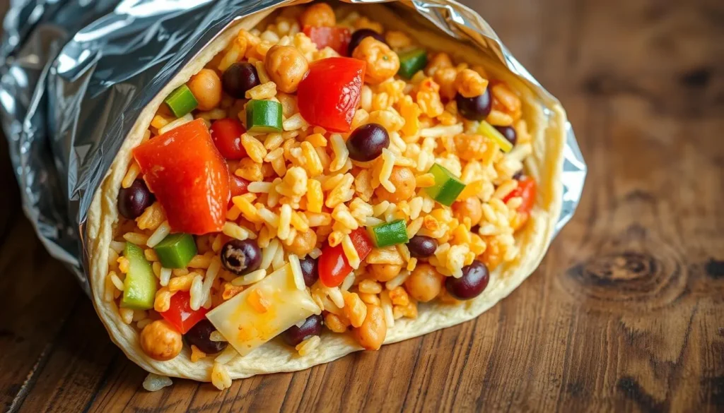 Image of a large burrito wrapped in foil, with a variety of fillings visible.