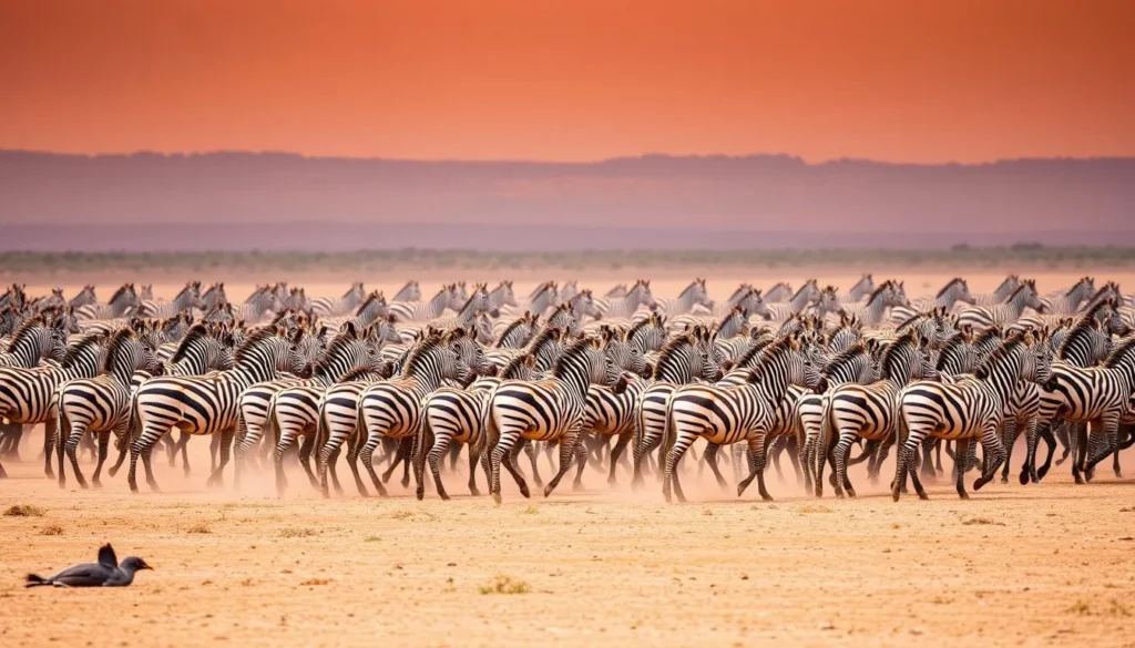 Image of a large herd of zebras migrating across Nxai Pan