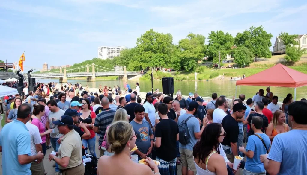 Image of a lively Riverfest celebration in Little Rock, Arkansas, with people enjoying music and food by the river.