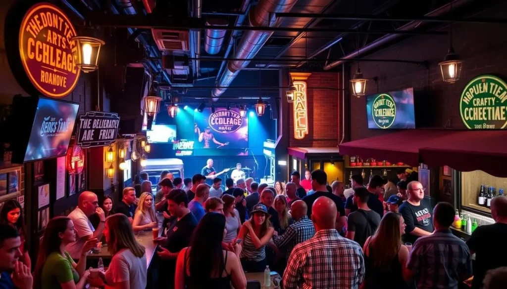 Image of a lively Roanoke nightlife scene with craft beverages and live music