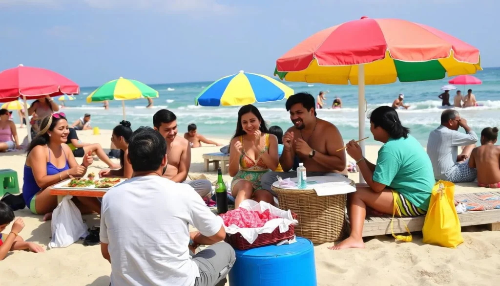 Image of a lively beach scene with locals enjoying food and music