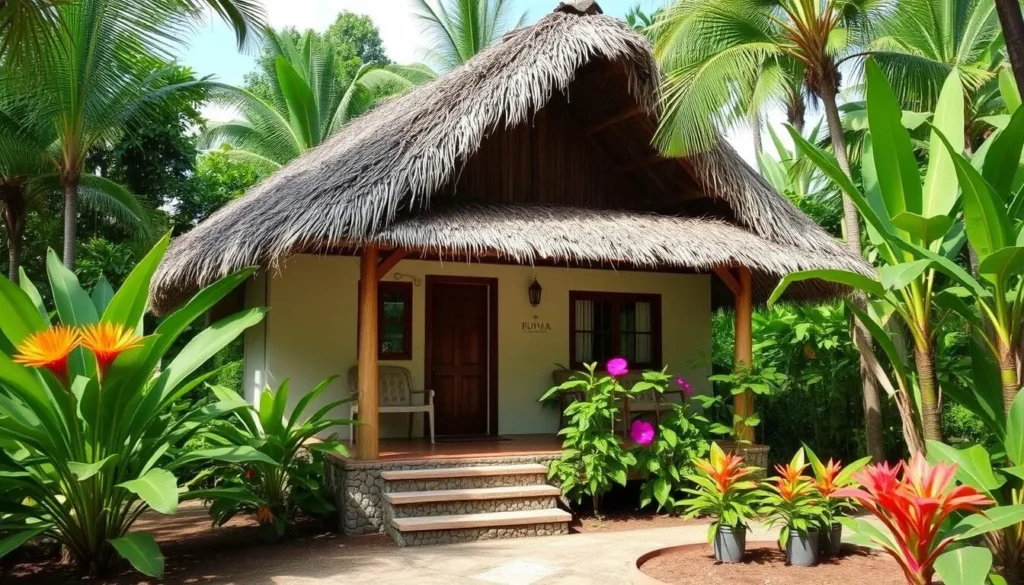 Image of a locally-owned bungalow in Vanuatu with a thatched roof and tropical surroundings