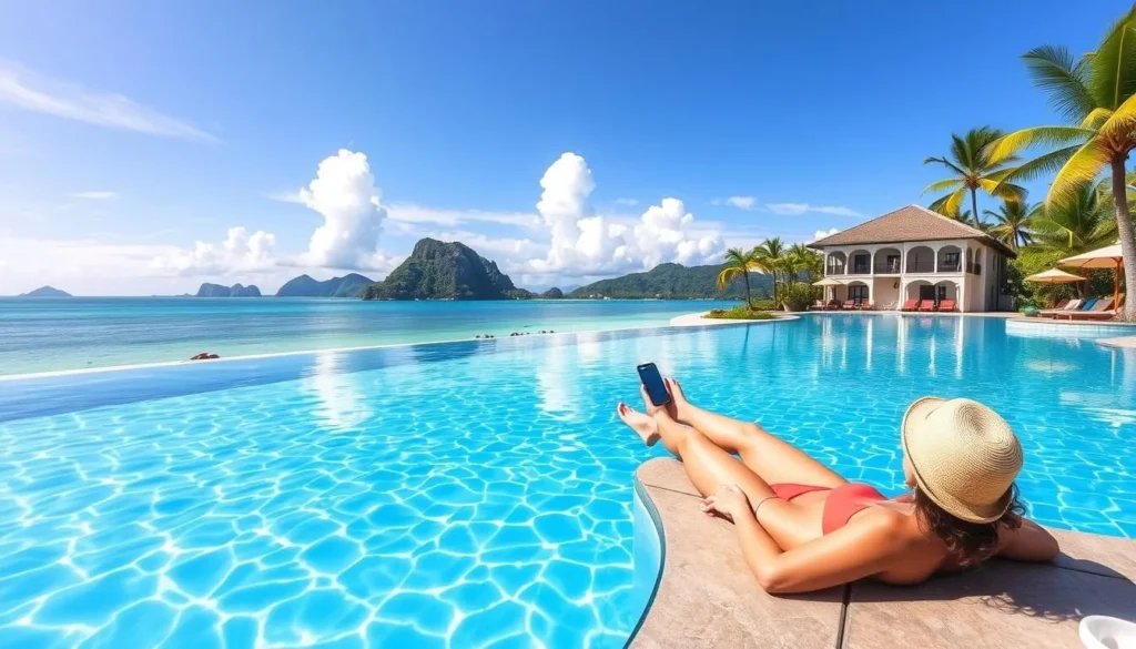 Image of a luxurious Boracay resort with a day pass holder lounging by the infinity pool