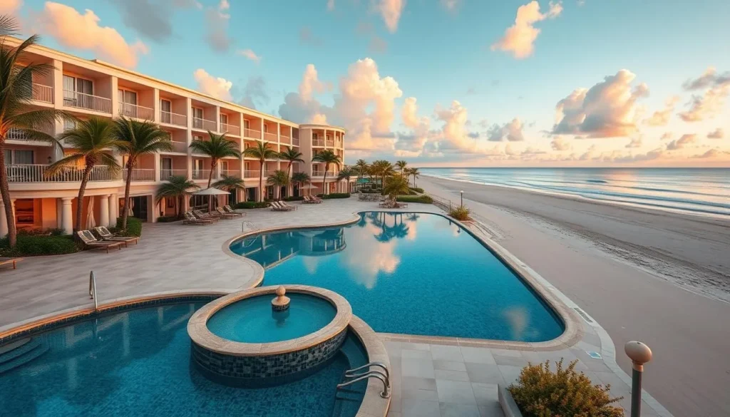 Image of a luxurious beachfront resort in Vero Beach with a pool and direct beach access