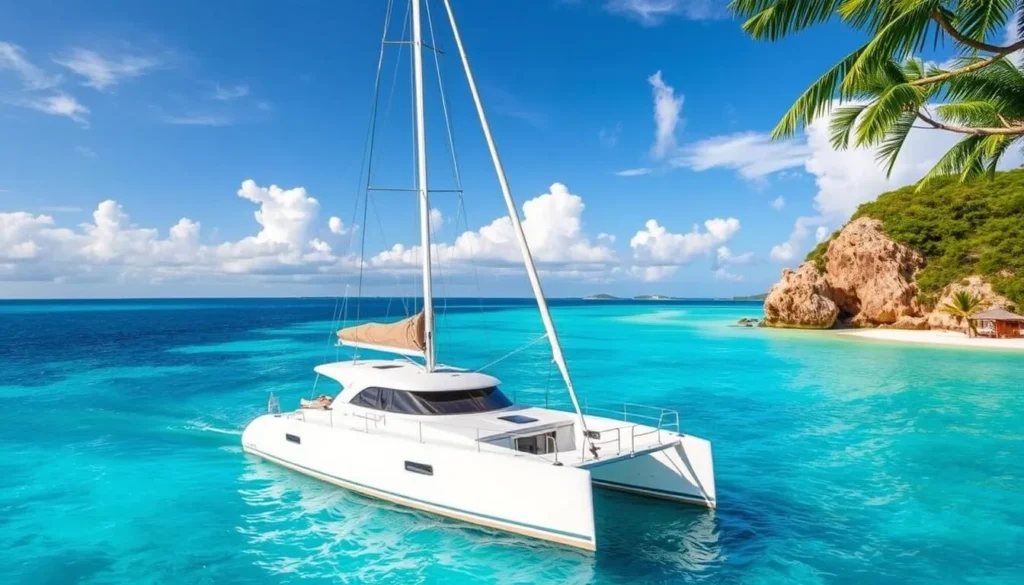 Image of a luxurious catamaran sailing along the coastline of Barbados