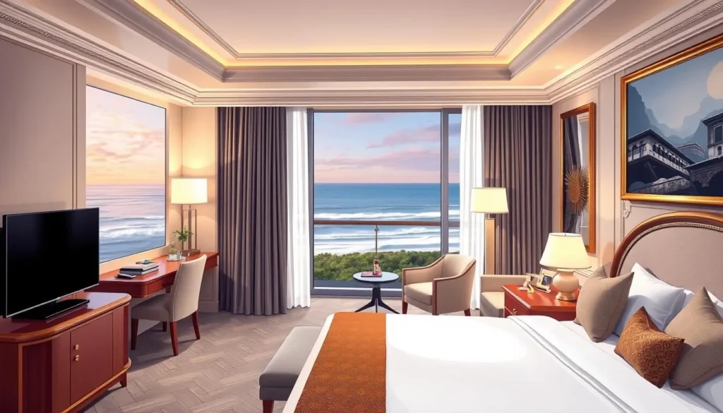 Image of a luxurious hotel room in Biarritz with an ocean view