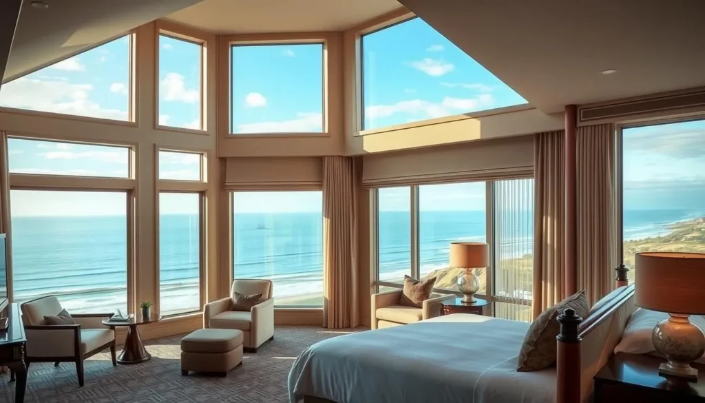 Image of a luxurious hotel room in Half Moon Bay with ocean views