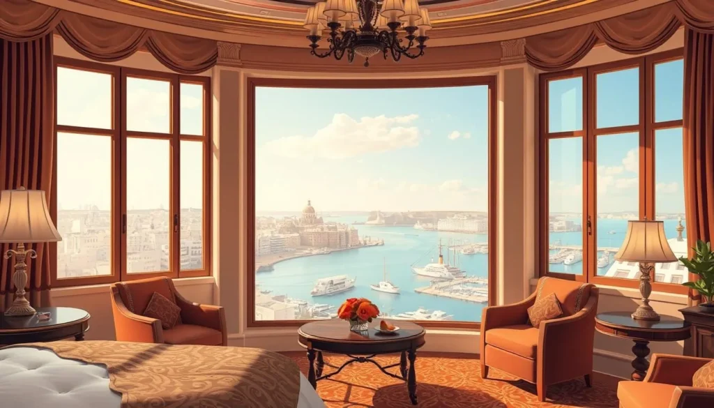 Image of a luxurious hotel room in Jaffa with a view of the ancient port