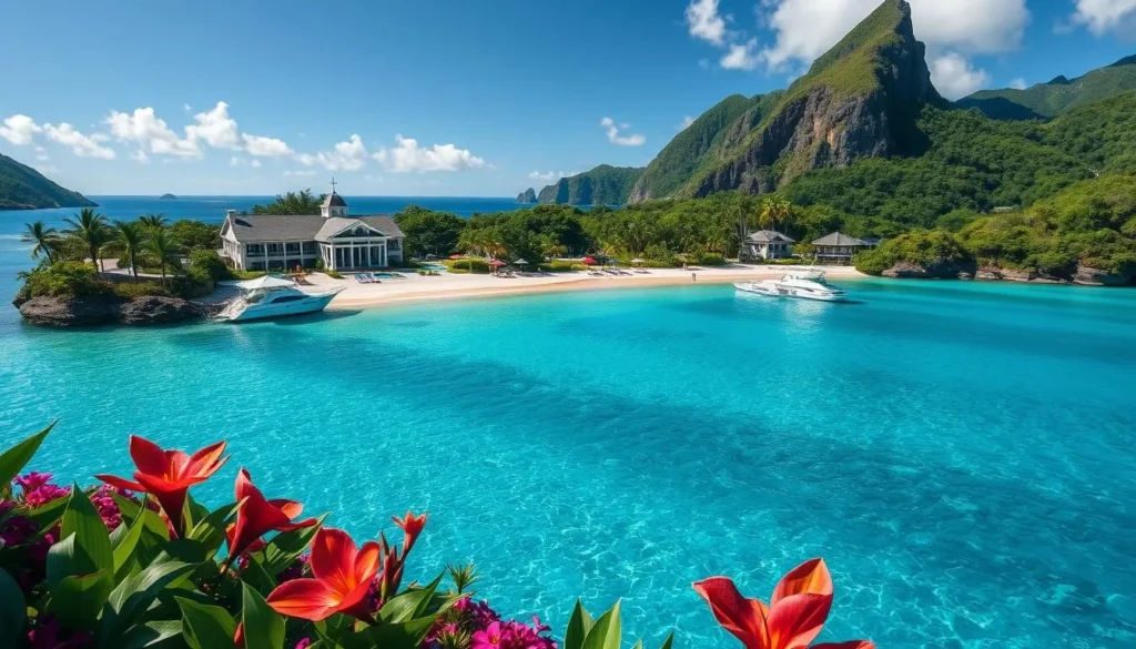 Image of a luxurious resort in Marigot Bay, St. Lucia, with a private beach and crystal-clear waters.