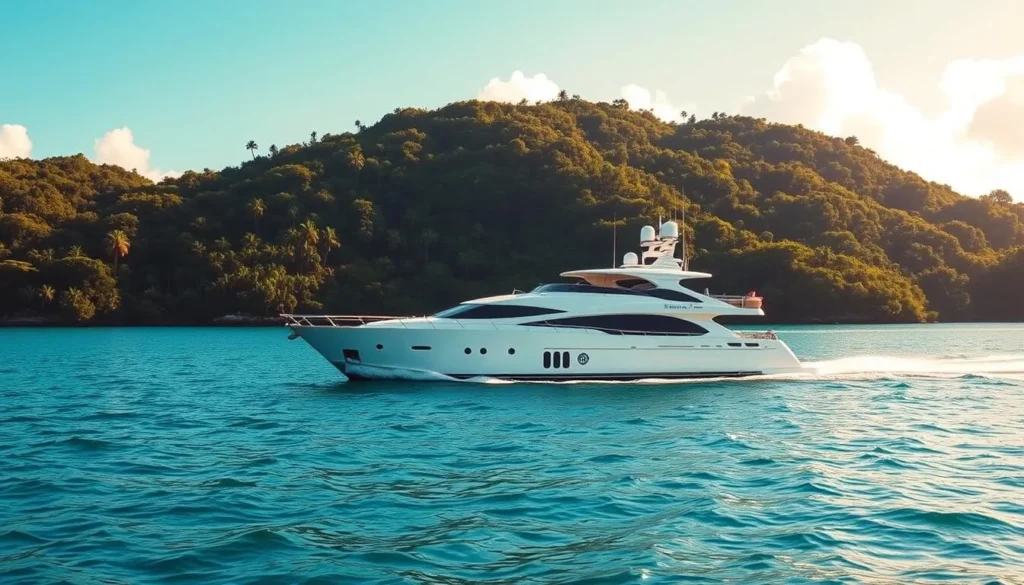Image of a luxurious yacht sailing in Marigot Bay