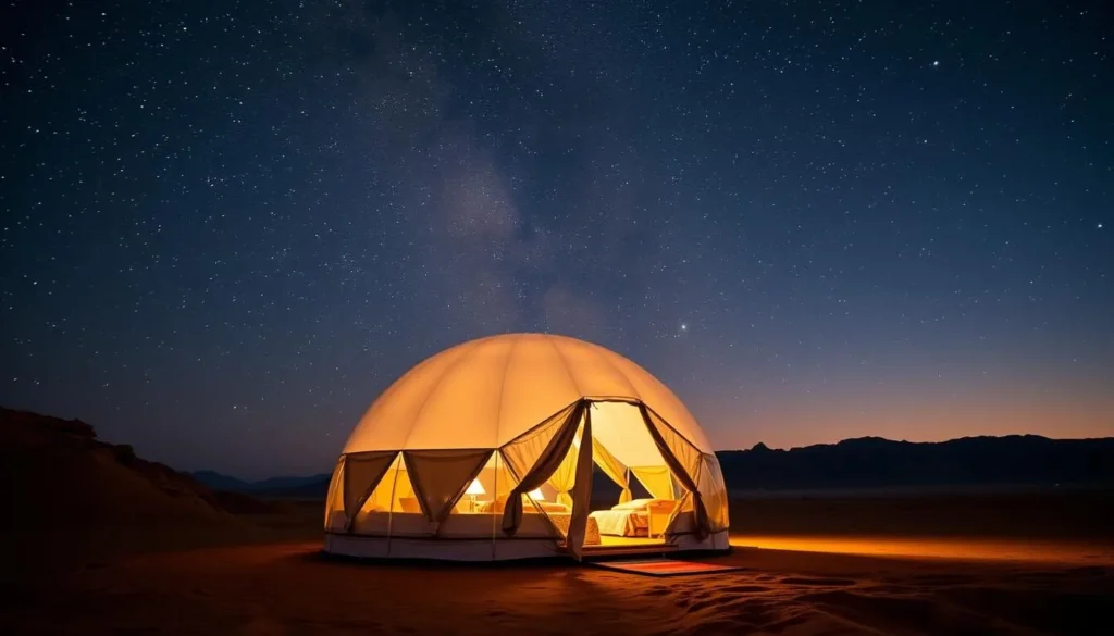 Image of a luxury bubble tent in Wadi Rum at night, with stars visible above Image of a luxury bubble tent in Wadi Rum at night, with stars visible above