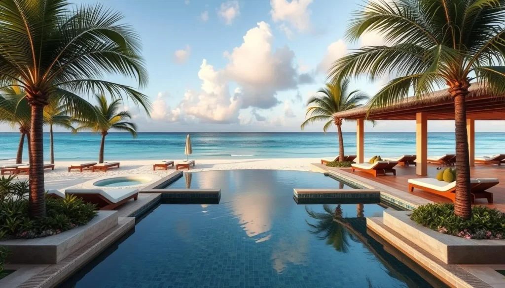 Image of a luxury resort in Jan Thiel, Curacao, with a private beach and spa facilities.