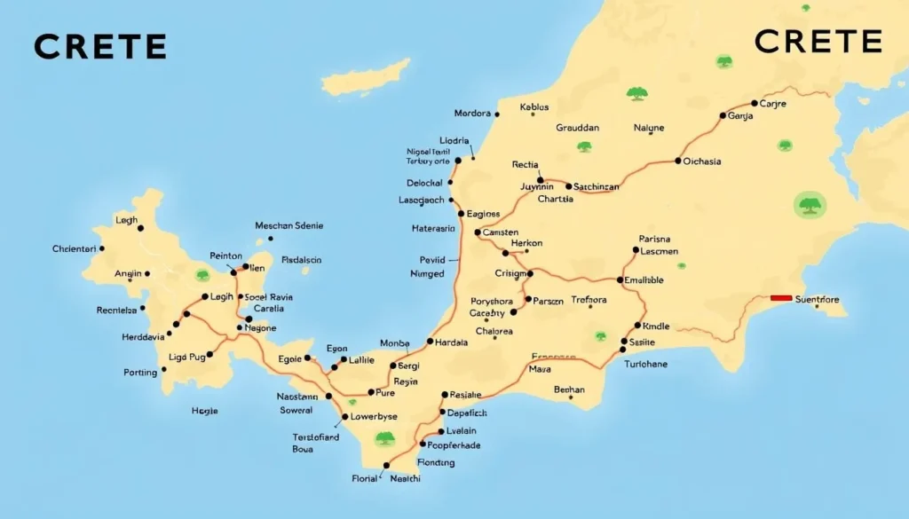 Image of a map of Crete highlighting various day trip destinations