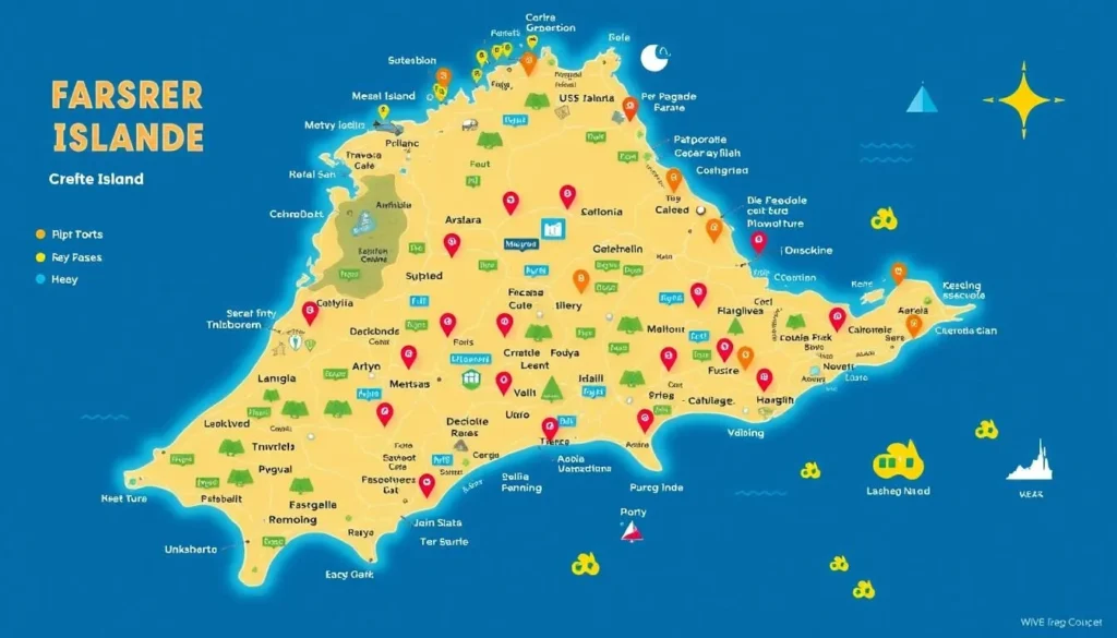 Image of a map of Fraser Island with key attractions marked