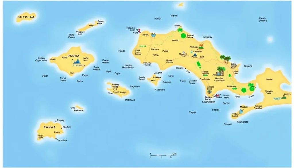 Image of a map of the Southern Islands, Bahamas, highlighting key destinations.