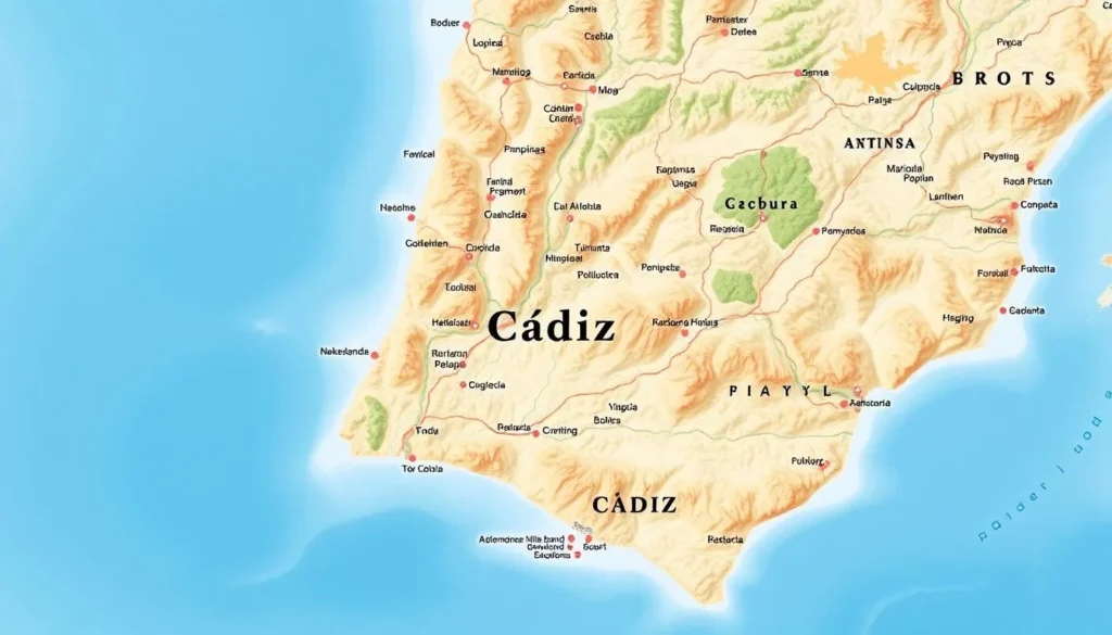 Image of a map showing Cádiz and surrounding areas Image of a map showing Cádiz and surrounding areas