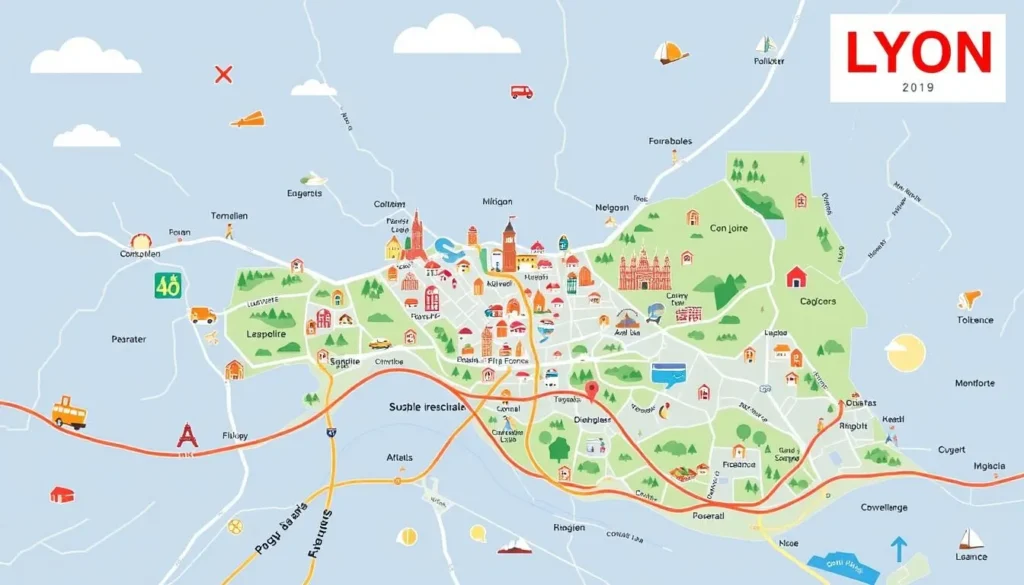 Image of a map showing Lyon and its surrounding regions