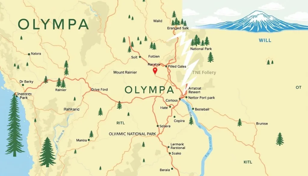 Image of a map showing Olympia's proximity to Mount Rainier and Olympic National Park