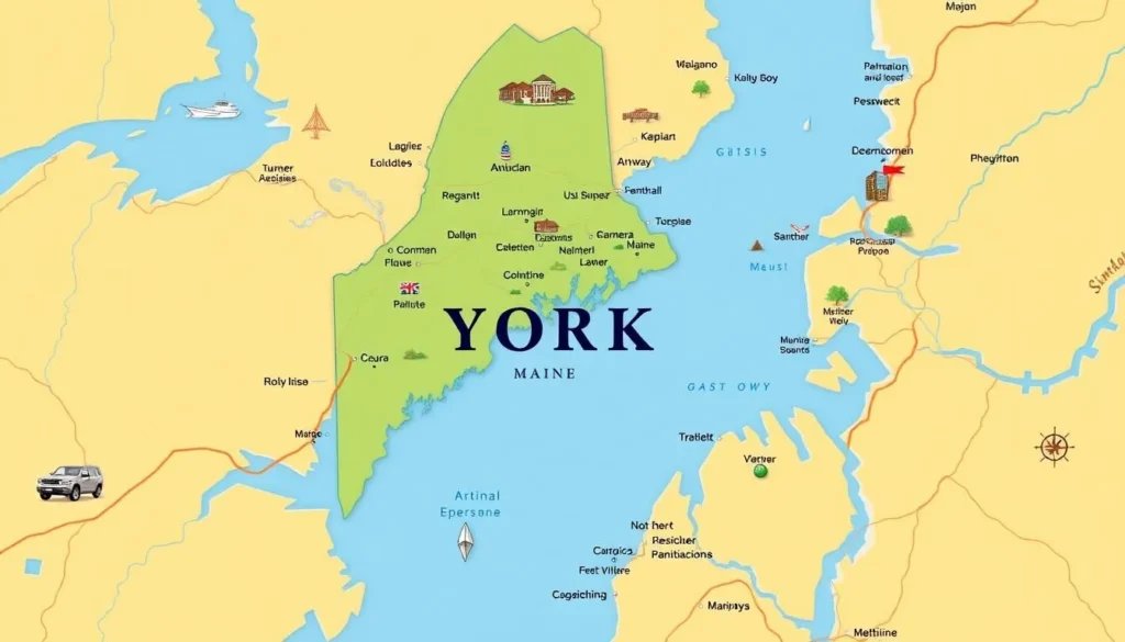 Image of a map showing York, Maine, and its surrounding areas.